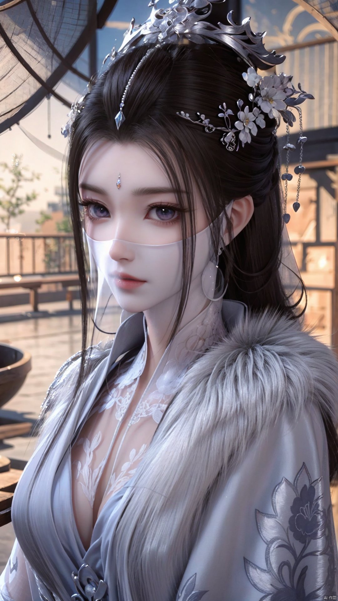 1girl, (veil:1.2), solo, jewelry, dress, hair ornament, forehead mark, looking at viewer, facial mark, perfect body, scenery, sharp focus, best quality, masterpiece, detailed outfit, illustration, perfect eyes, finely detailed beautiful anime eyes, realistic skin, intricate details, best lighting, depth of field, ultra high resolution,cowboy_shot, dynamic pose, dynamic angle,