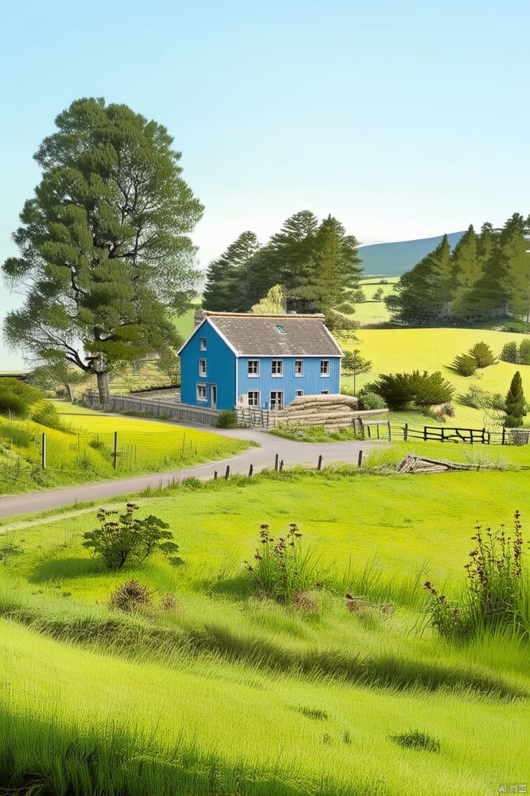  charming country house, blue siding, situated, side, road, surrounded, lush green grass, trees, background, creating, idyllic countryside setting, small fence, seen near, rustic charm, main house, two smaller houses visible, further down, road, one closer, left edge, scene, another towards, right, homes contribute, overall picturesque landscape, rural area