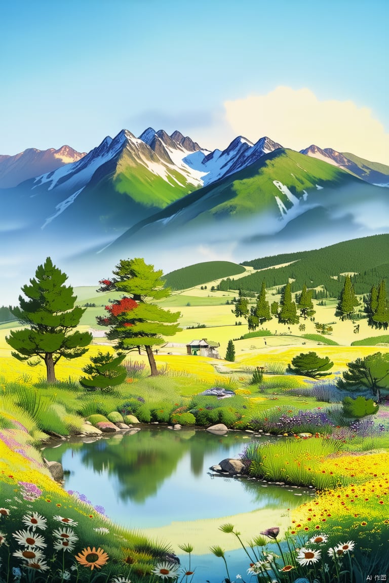  Outdoor, natural light, scenery, sky, mountains, flowers, trees, lakes, illustrations