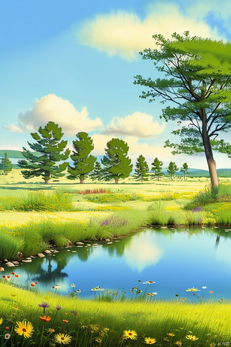 Best quality), (masterpiece), (premium), illustrations, original, extremely detailed, outdoor, grass, trees, sky, water, blue sky, scenery, flowers