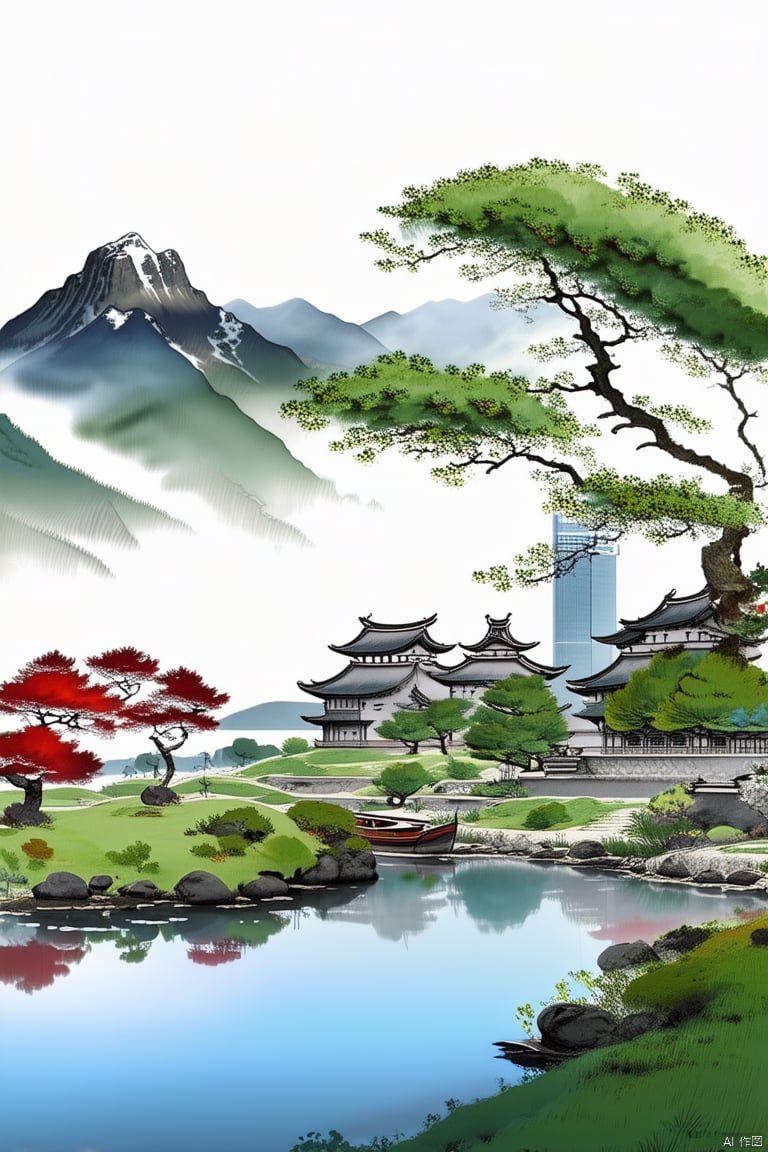 Chinese classical architecture,  overlooking mountains from afar, high-rise building, (white background: 1.1), ink painting, foreground of osmanthus tree, distant lake, riverbank with some rockeries and stones, red maple trees, and small boats on the river surface