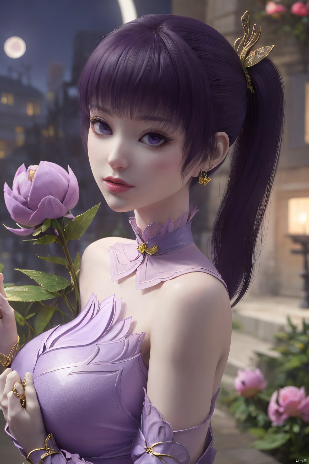  (best quality,masterpiece),Yunxiao_Fairy,1girl,solo,long hair,looking at viewer,jewelry,closed mouth,purple eyes,upper body,purple hair,earrings,blurry,blurry background,sunlight,red lips,(big breasts:1.3),(Peony,full moon:1.49),Xziyan