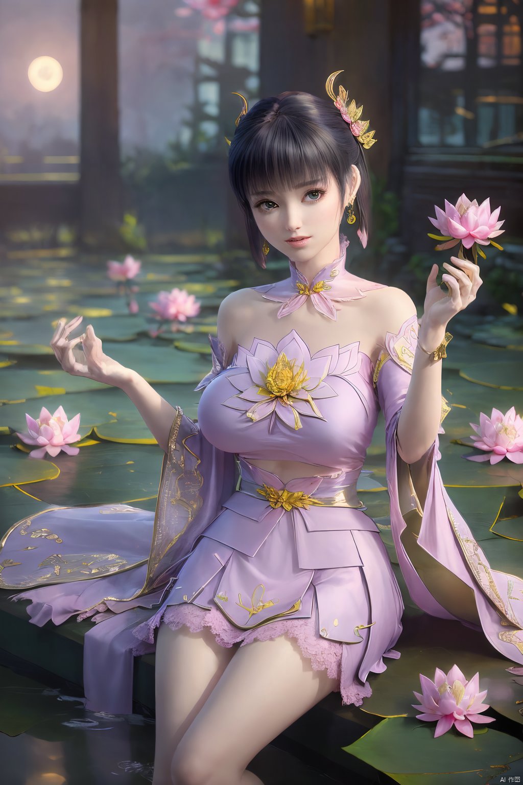  (1girl:1.1), (Lace pink-green skirt:1.39), on Stomach,aqua_earrings,Lights, lanterns, chang,(big breasts:1.56),hanfu, Best quality, Realistic, photorealistic, masterpiece, extremely detailed CG unity 8k wallpaper, best illumination, best shadow, huge filesize ,(big breasts:1.59) incredibly absurdres, absurdres, looking at viewer, transparent, smog, gauze, vase, petals, room, ancient Chinese style, detailed background, wide shot background,
(((black hair))),(Sitting on the lotus pond porch:1.49) ,(A pond full of pink lotus flowers:1.5),close up of 1girl,Hairpins,hair ornament,hair wings,slim,narrow waist,perfect eyes,beautiful perfect face,pleasant smile,perfect female figure,detailed skin,charming,alluring,seductive,erotic,enchanting,delicate pattern,detailed complex and rich exquisite clothing detail,delicate intricate fabrics,
Morning Serenade In the gentle morning glow, (a woman in a pink lotus-patterned Hanfu stands in an indoor courtyard:1.36),(Chinese traditional dragon and phoenix embroidered Hanfu:1.3), admiring the tranquil garden scenery. The lotus-patterned Hanfu, embellished with silver-thread embroidery, is softly illuminated by the morning light. The light mint green Hanfu imparts a sense of calm and freshness, adorned with delicate lotus patterns, with a blurred background to enhance the peaceful atmosphere, song_hanfu, tang_hanfu,(Peony,full moon:1.49),Xziyan