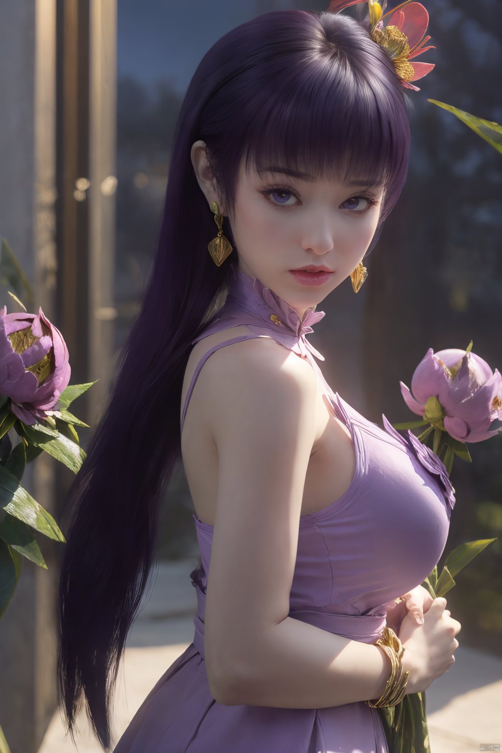  (best quality,masterpiece),Yunxiao_Fairy,1girl,solo,long hair,looking at viewer,jewelry,closed mouth,purple eyes,upper body,purple hair,earrings,blurry,blurry background,sunlight,red lips,(big breasts:1.3),(Peony,full moon:1.49),Xziyan