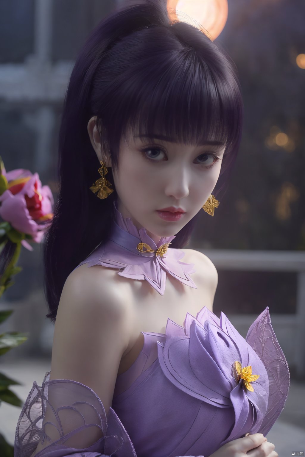  (best quality,masterpiece),Yunxiao_Fairy,1girl,solo,long hair,looking at viewer,jewelry,closed mouth,purple eyes,upper body,purple hair,earrings,blurry,blurry background,sunlight,red lips,(big breasts:1.3),(Peony,full moon:1.49),Xziyan