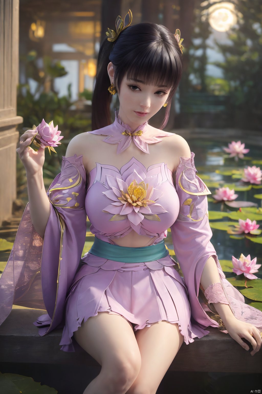  (1girl:1.1), (Lace pink-green skirt:1.39), on Stomach,aqua_earrings,Lights, lanterns, chang,(big breasts:1.56),hanfu, Best quality, Realistic, photorealistic, masterpiece, extremely detailed CG unity 8k wallpaper, best illumination, best shadow, huge filesize ,(big breasts:1.59) incredibly absurdres, absurdres, looking at viewer, transparent, smog, gauze, vase, petals, room, ancient Chinese style, detailed background, wide shot background,
(((black hair))),(Sitting on the lotus pond porch:1.49) ,(A pond full of pink lotus flowers:1.5),close up of 1girl,Hairpins,hair ornament,hair wings,slim,narrow waist,perfect eyes,beautiful perfect face,pleasant smile,perfect female figure,detailed skin,charming,alluring,seductive,erotic,enchanting,delicate pattern,detailed complex and rich exquisite clothing detail,delicate intricate fabrics,
Morning Serenade In the gentle morning glow, (a woman in a pink lotus-patterned Hanfu stands in an indoor courtyard:1.36),(Chinese traditional dragon and phoenix embroidered Hanfu:1.3), admiring the tranquil garden scenery. The lotus-patterned Hanfu, embellished with silver-thread embroidery, is softly illuminated by the morning light. The light mint green Hanfu imparts a sense of calm and freshness, adorned with delicate lotus patterns, with a blurred background to enhance the peaceful atmosphere, song_hanfu, tang_hanfu,(Peony,full moon:1.49),Xziyan