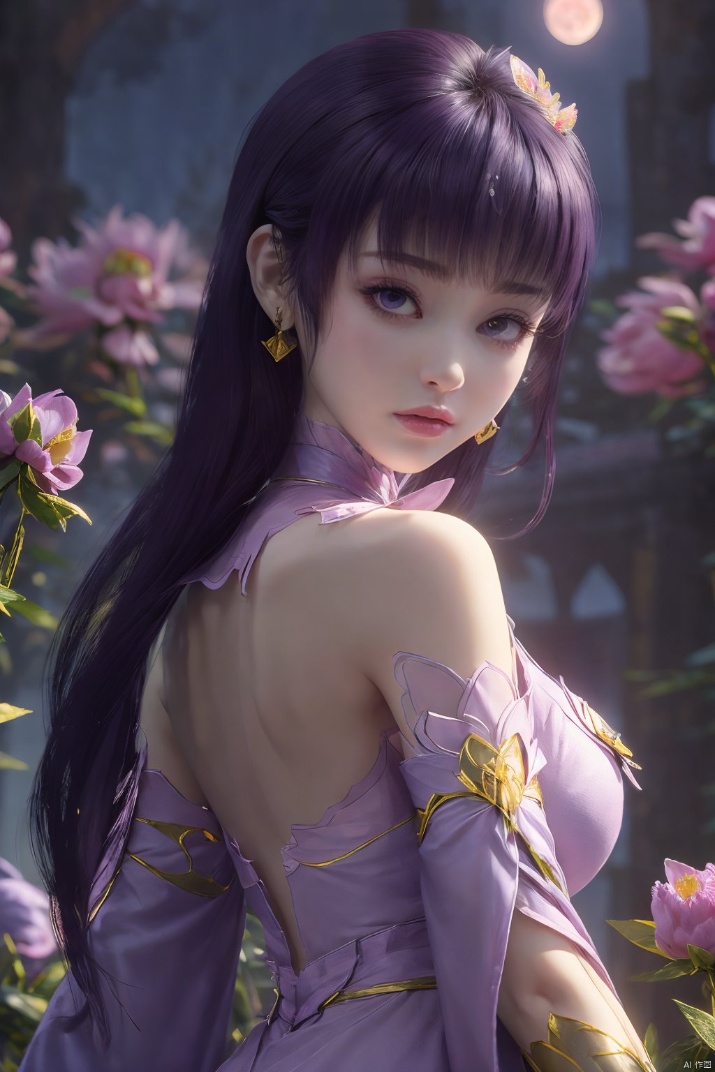  (best quality,masterpiece),Yunxiao_Fairy,1girl,solo,long hair,looking at viewer,jewelry,closed mouth,purple eyes,upper body,purple hair,earrings,blurry,blurry background,sunlight,red lips,(big breasts:1.3),(Peony,full moon:1.49),Xziyan