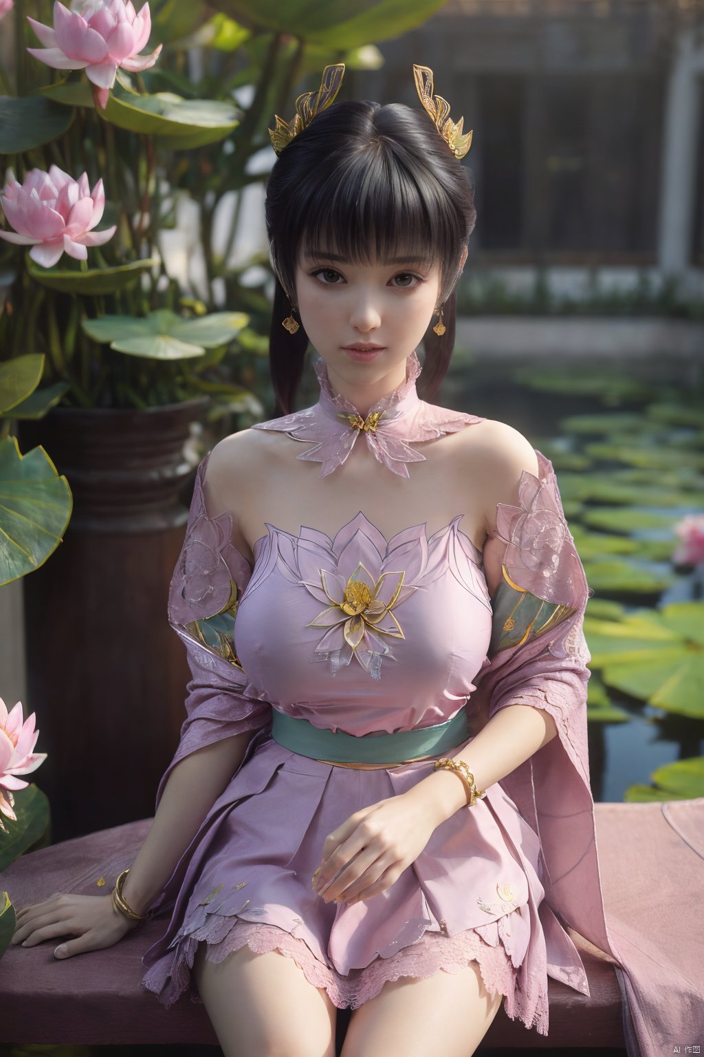  (1girl:1.1), (Lace pink-green skirt:1.39), on Stomach,aqua_earrings,Lights, lanterns, chang,(big breasts:1.56),hanfu, Best quality, Realistic, photorealistic, masterpiece, extremely detailed CG unity 8k wallpaper, best illumination, best shadow, huge filesize ,(big breasts:1.59) incredibly absurdres, absurdres, looking at viewer, transparent, smog, gauze, vase, petals, room, ancient Chinese style, detailed background, wide shot background,
(((black hair))),(Sitting on the lotus pond porch:1.49) ,(A pond full of pink lotus flowers:1.5),close up of 1girl,Hairpins,hair ornament,hair wings,slim,narrow waist,perfect eyes,beautiful perfect face,pleasant smile,perfect female figure,detailed skin,charming,alluring,seductive,erotic,enchanting,delicate pattern,detailed complex and rich exquisite clothing detail,delicate intricate fabrics,
Morning Serenade In the gentle morning glow, (a woman in a pink lotus-patterned Hanfu stands in an indoor courtyard:1.36),(Chinese traditional dragon and phoenix embroidered Hanfu:1.3), admiring the tranquil garden scenery. The lotus-patterned Hanfu, embellished with silver-thread embroidery, is softly illuminated by the morning light. The light mint green Hanfu imparts a sense of calm and freshness, adorned with delicate lotus patterns, with a blurred background to enhance the peaceful atmosphere, song_hanfu, tang_hanfu,(Peony,full moon:1.49),Xziyan