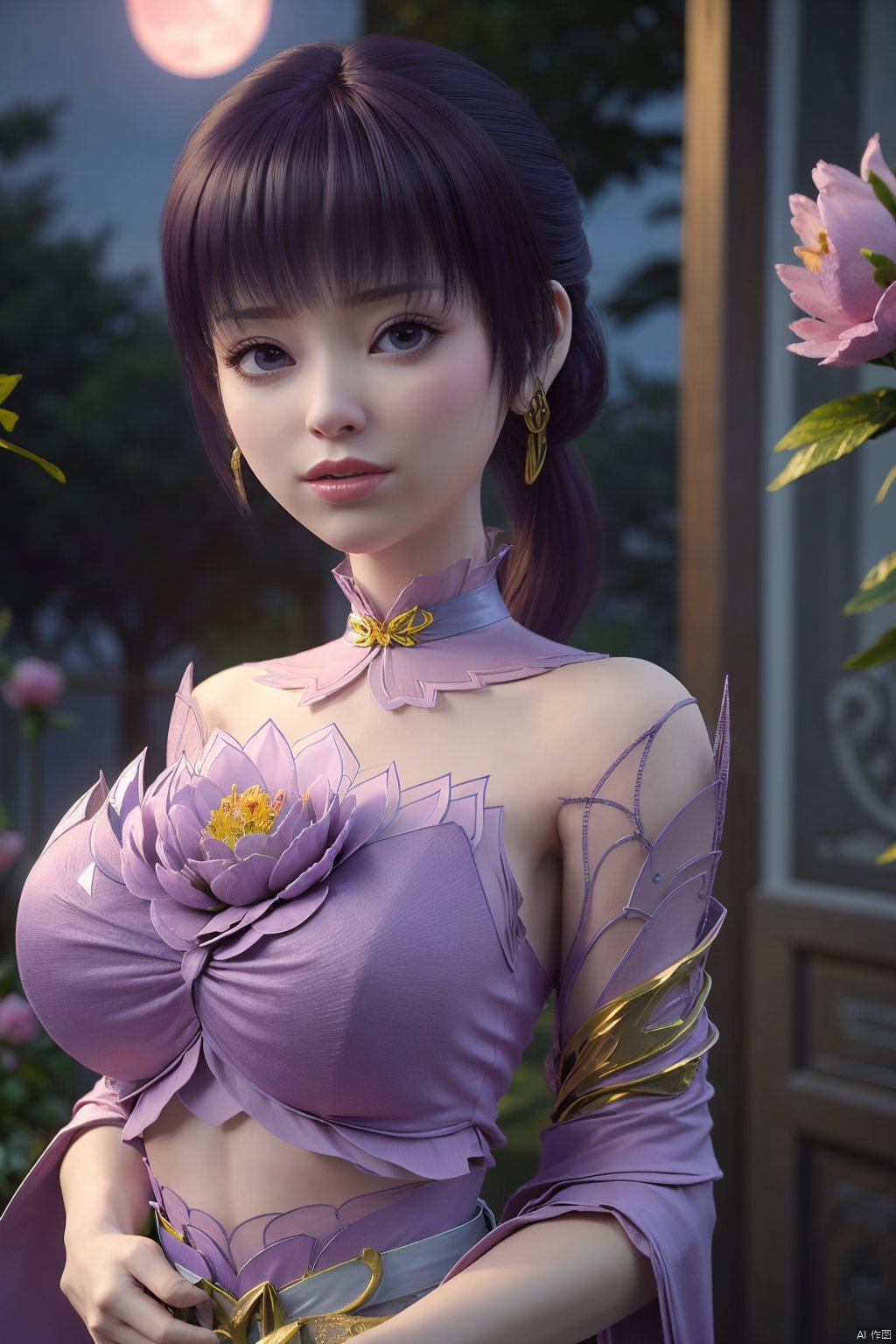  (best quality,masterpiece),Yunxiao_Fairy,1girl,solo,long hair,looking at viewer,jewelry,closed mouth,purple eyes,upper body,purple hair,earrings,blurry,blurry background,sunlight,red lips,(big breasts:1.3),(Peony,full moon:1.49),Xziyan