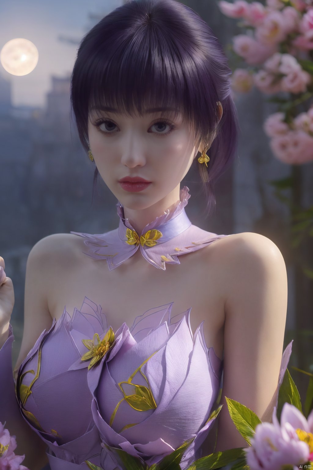  (best quality,masterpiece),Yunxiao_Fairy,1girl,solo,long hair,looking at viewer,jewelry,closed mouth,purple eyes,upper body,purple hair,earrings,blurry,blurry background,sunlight,red lips,(big breasts:1.3),(Peony,full moon:1.49),Xziyan