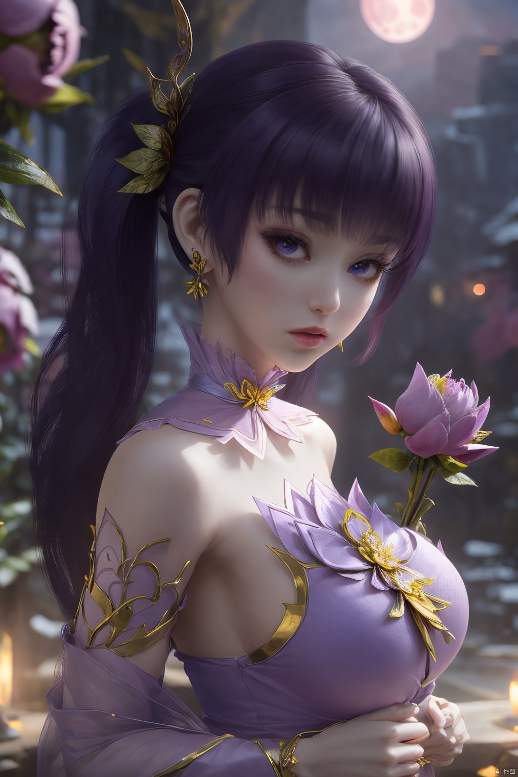  (best quality,masterpiece),Yunxiao_Fairy,1girl,solo,long hair,looking at viewer,jewelry,closed mouth,purple eyes,upper body,purple hair,earrings,blurry,blurry background,sunlight,red lips,(big breasts:1.3),(Peony,full moon:1.49),Xziyan