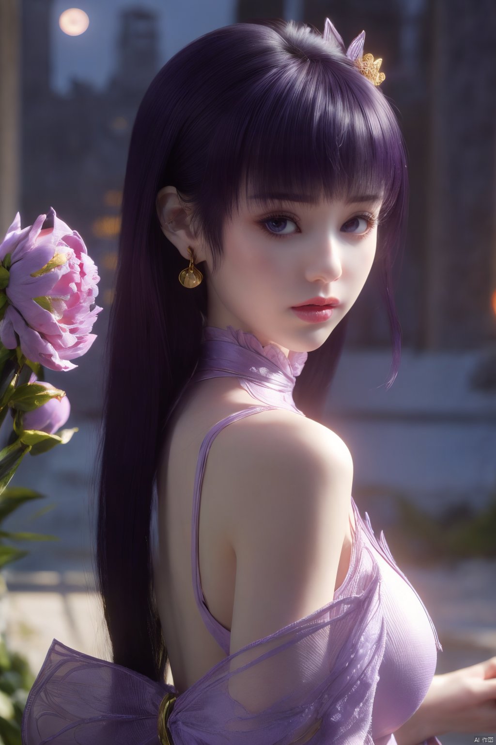  (best quality,masterpiece),Yunxiao_Fairy,1girl,solo,long hair,looking at viewer,jewelry,closed mouth,purple eyes,upper body,purple hair,earrings,blurry,blurry background,sunlight,red lips,(big breasts:1.3),(Peony,full moon:1.49),Xziyan