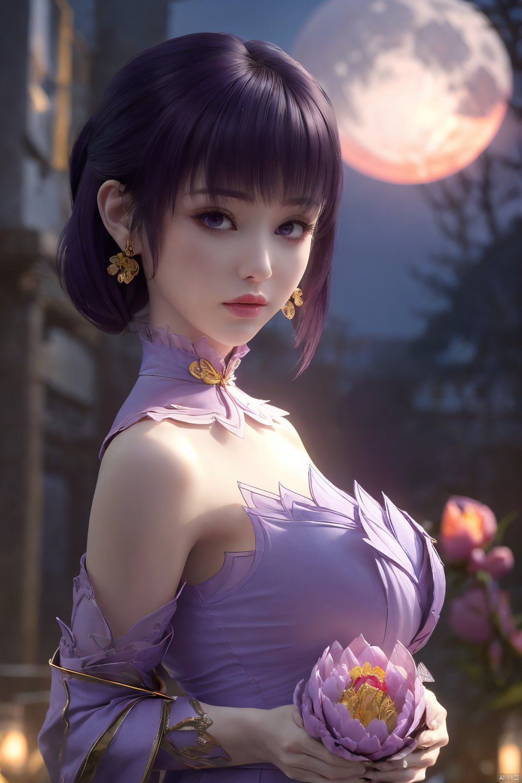  (best quality,masterpiece),Yunxiao_Fairy,1girl,solo,long hair,looking at viewer,jewelry,closed mouth,purple eyes,upper body,purple hair,earrings,blurry,blurry background,sunlight,red lips,(big breasts:1.3),(Peony,full moon:1.49),Xziyan