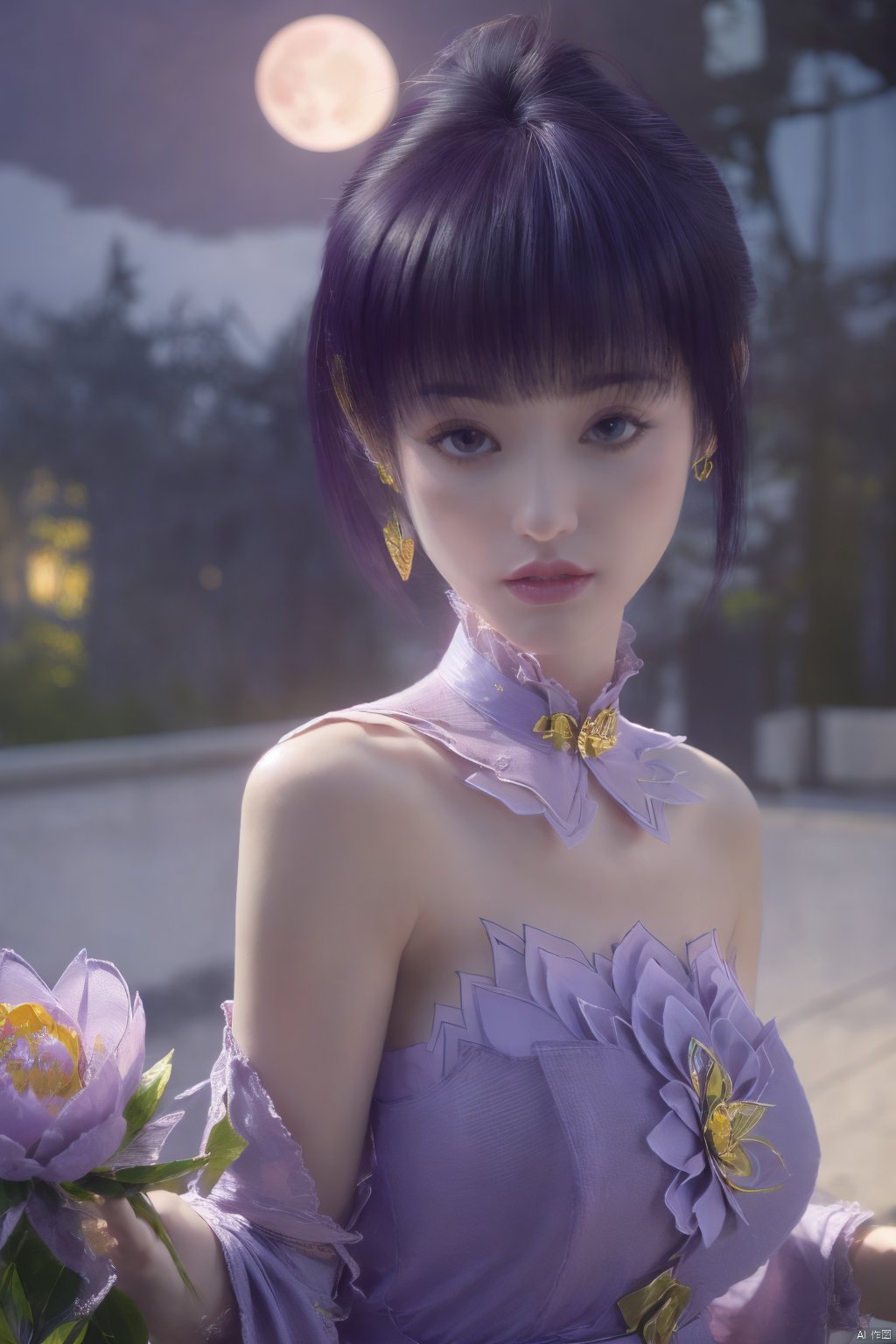  (best quality,masterpiece),Yunxiao_Fairy,1girl,solo,long hair,looking at viewer,jewelry,closed mouth,purple eyes,upper body,purple hair,earrings,blurry,blurry background,sunlight,red lips,(big breasts:1.3),(Peony,full moon:1.49),Xziyan