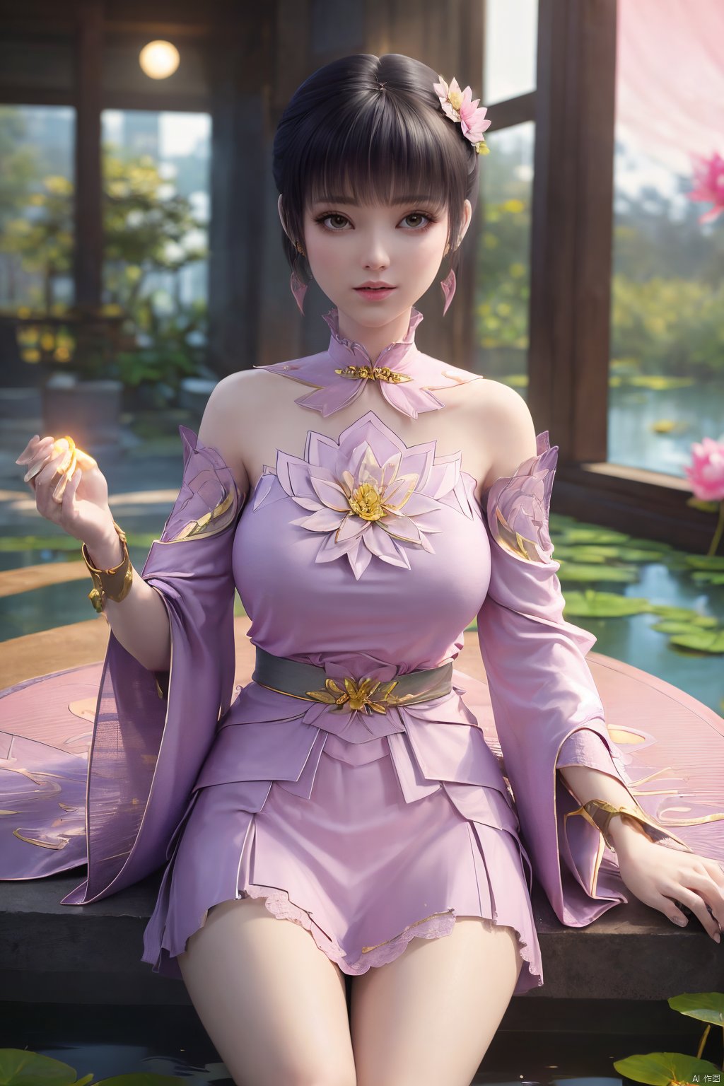  (1girl:1.1), (Lace pink-green skirt:1.39), on Stomach,aqua_earrings,Lights, lanterns, chang,(big breasts:1.56),hanfu, Best quality, Realistic, photorealistic, masterpiece, extremely detailed CG unity 8k wallpaper, best illumination, best shadow, huge filesize ,(big breasts:1.59) incredibly absurdres, absurdres, looking at viewer, transparent, smog, gauze, vase, petals, room, ancient Chinese style, detailed background, wide shot background,
(((black hair))),(Sitting on the lotus pond porch:1.49) ,(A pond full of pink lotus flowers:1.5),close up of 1girl,Hairpins,hair ornament,hair wings,slim,narrow waist,perfect eyes,beautiful perfect face,pleasant smile,perfect female figure,detailed skin,charming,alluring,seductive,erotic,enchanting,delicate pattern,detailed complex and rich exquisite clothing detail,delicate intricate fabrics,
Morning Serenade In the gentle morning glow, (a woman in a pink lotus-patterned Hanfu stands in an indoor courtyard:1.36),(Chinese traditional dragon and phoenix embroidered Hanfu:1.3), admiring the tranquil garden scenery. The lotus-patterned Hanfu, embellished with silver-thread embroidery, is softly illuminated by the morning light. The light mint green Hanfu imparts a sense of calm and freshness, adorned with delicate lotus patterns, with a blurred background to enhance the peaceful atmosphere, song_hanfu, tang_hanfu,(Peony,full moon:1.49),Xziyan