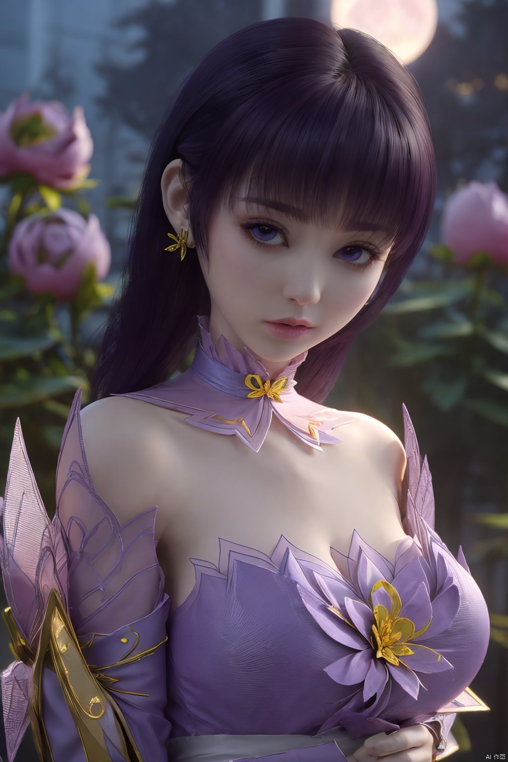  (best quality,masterpiece),Yunxiao_Fairy,1girl,solo,long hair,looking at viewer,jewelry,closed mouth,purple eyes,upper body,purple hair,earrings,blurry,blurry background,sunlight,red lips,(big breasts:1.3),(Peony,full moon:1.49),Xziyan