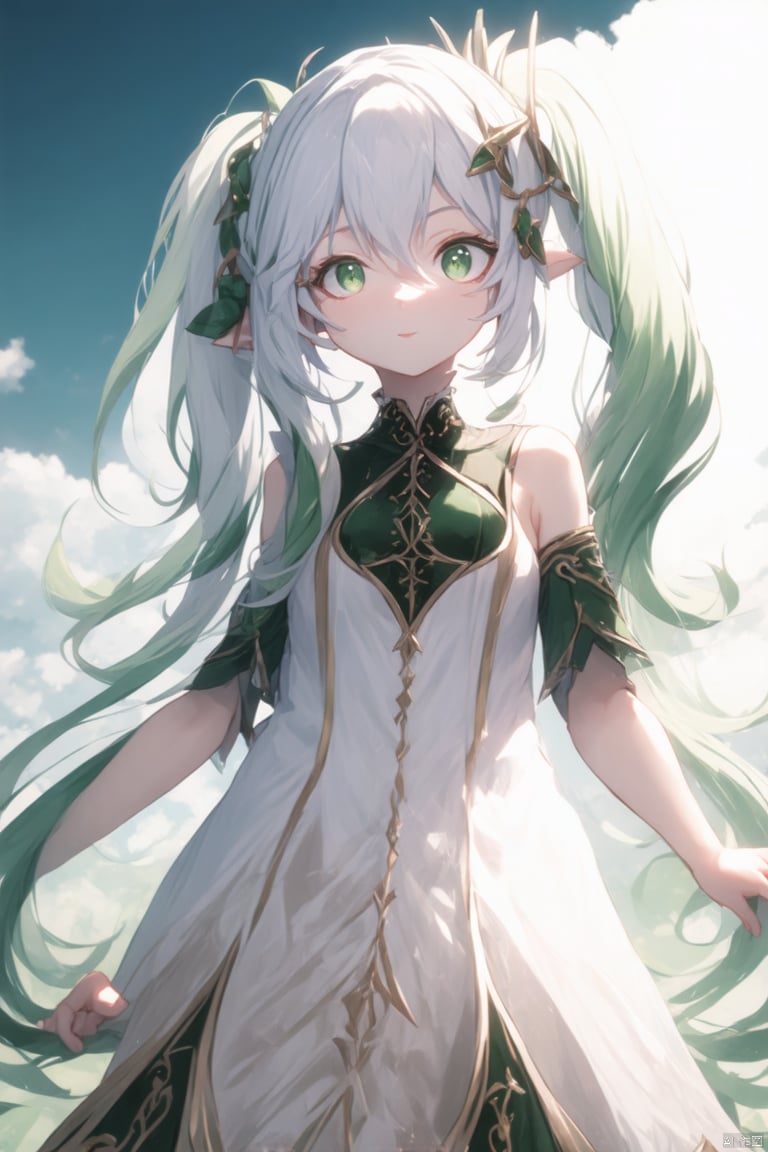 score_4, score_3, score_2, score_1,(masterpiece),(best quality),illustration,ultra detailed,hdr,loli,1girl,hair rings, solo,petite, long hair, very long hair, absurdly long hair, barefoot, looking at viewer, symbol-shaped pupils, white hair, dress, bangs, green eyes, full body, breasts,cross-shaped pupils, hair ornament, white hair, green hair, gradient hair, white dress, nahida (genshin impact)