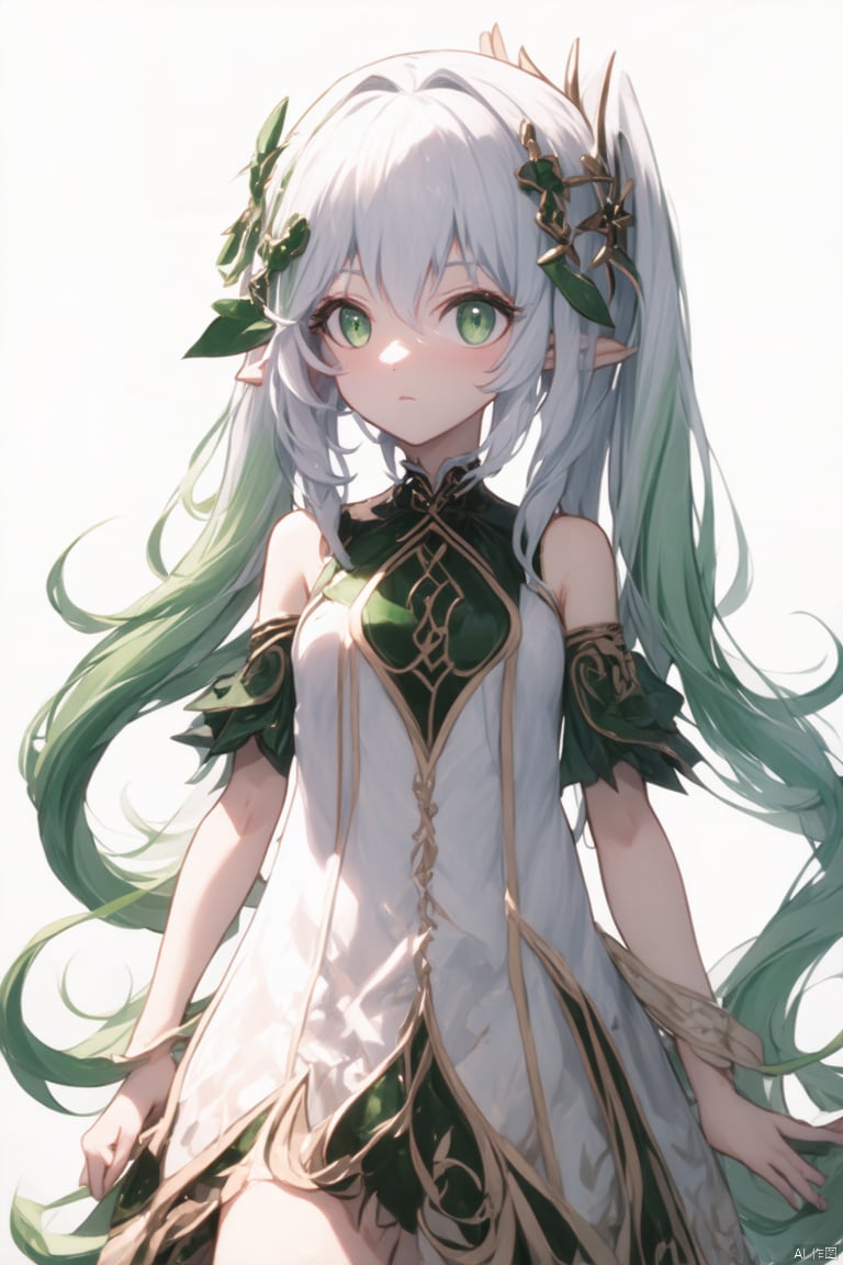 score_4, score_3, score_2, score_1,(masterpiece),(best quality),illustration,ultra detailed,hdr,loli,1girl,hair rings, solo,petite, long hair, very long hair, absurdly long hair, barefoot, looking at viewer, symbol-shaped pupils, white hair, dress, bangs, green eyes, full body, breasts,cross-shaped pupils, hair ornament, white hair, green hair, gradient hair, white dress, nahida (genshin impact)