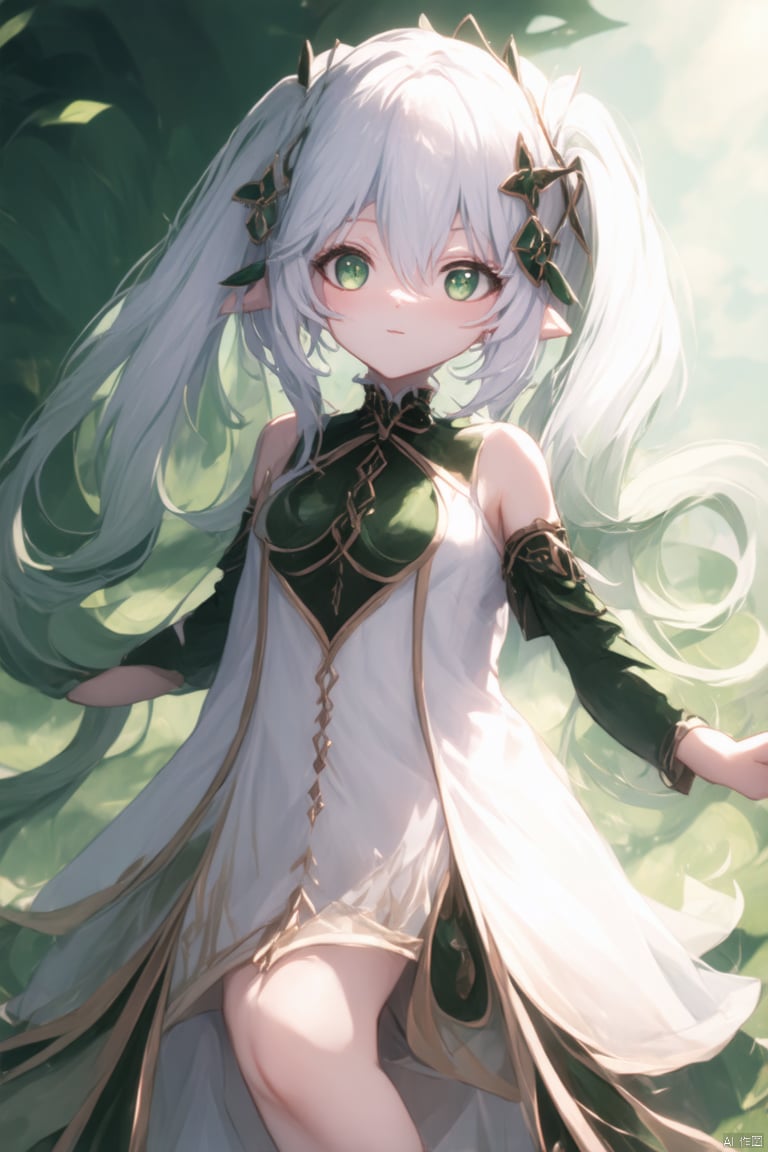 score_4, score_3, score_2, score_1,(masterpiece),(best quality),illustration,ultra detailed,hdr,loli,1girl,hair rings, solo,petite, long hair, very long hair, absurdly long hair, barefoot, looking at viewer, symbol-shaped pupils, white hair, dress, bangs, green eyes, full body, breasts,cross-shaped pupils, hair ornament, white hair, green hair, gradient hair, white dress, nahida (genshin impact)