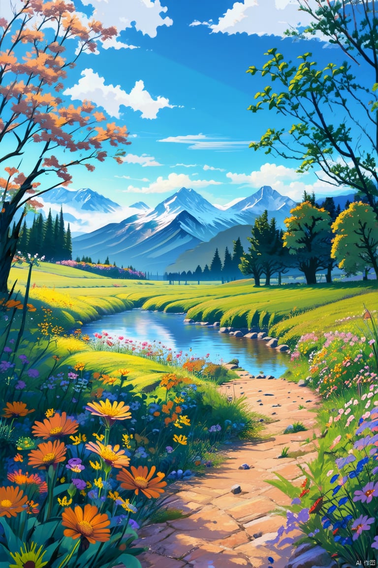 Rural scenery, along a path obscured by flowers by the stream, the distant mountains and clouds constantly change on summer afternoons, with natural light, distant views, tranquility, vitality, freshness, and warm colors.