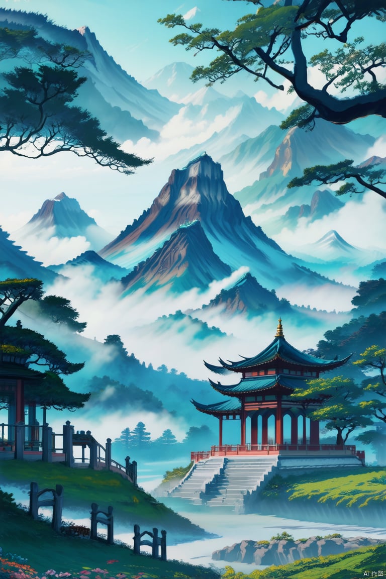 There is a pagoda in the distance, Count Aiminde, a fantasy art in ancient Chinese style, with mountain scenery, misty mist, and blue and green colors