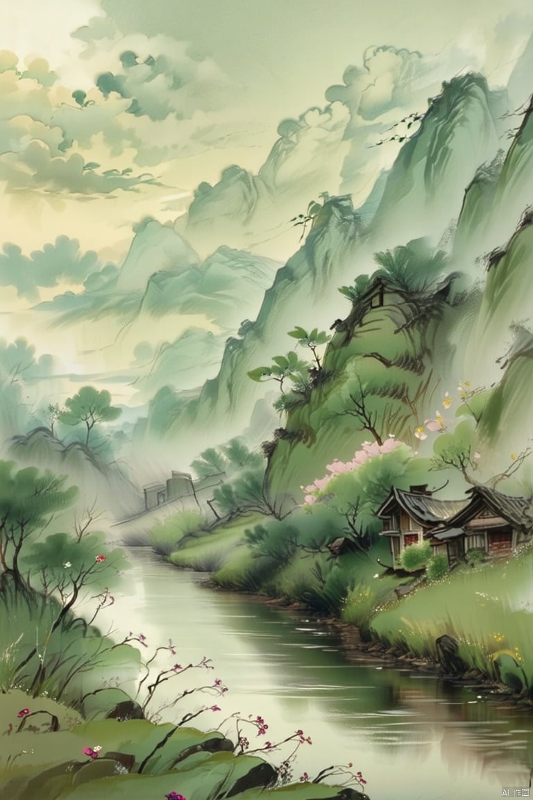 Rural scenery, along a path obscured by flowers by the stream, the distant mountains and clouds constantly change on summer afternoons, with natural light, distant views, tranquility, vitality, freshness, and warm colors. Chinese ink painting