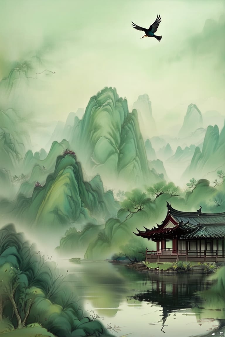 There is a pagoda in the distance, a mountain view painting of birds flying in the sky, Eymind Earle, fantasy art, ancient Chinese style, mountain view, misty atmosphere,  green, Chinese ink painting