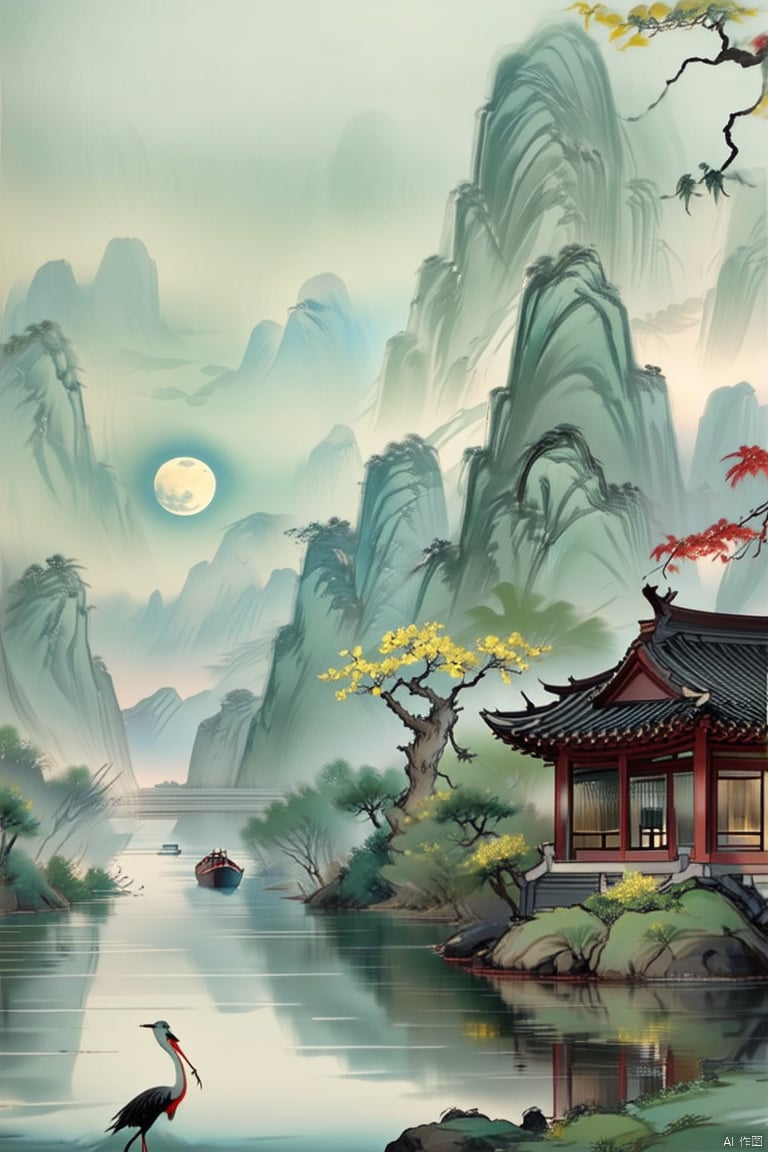 Chinese archway, full moon, (light and elegant colors in the picture), Chinese classical architecture, red crowned crane, overlooking mountains from afar, high-rise building, (white background: 1.1), ink painting, foreground of osmanthus tree, distant lake, riverbank with some rockeries and stones, red maple trees, and small boats on the river surface