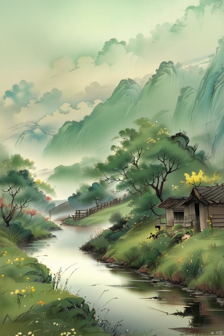 Rural scenery, along a path obscured by flowers by the stream, the distant mountains and clouds constantly change on summer afternoons, with natural light, distant views, tranquility, vitality, freshness, and warm colors. Chinese ink painting