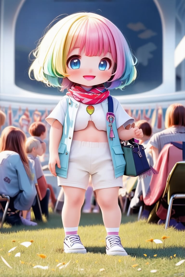 A girl, looking at the audience, short hair, Bangs, blue eyes, blonde hair, shirt, navel, blue hair, standing, jacket, body, white shirt, pink hair, short sleeves, multi-colored hair, sneakers, shorts, socks, navel, pants, scarf, straight bangs, bag,
