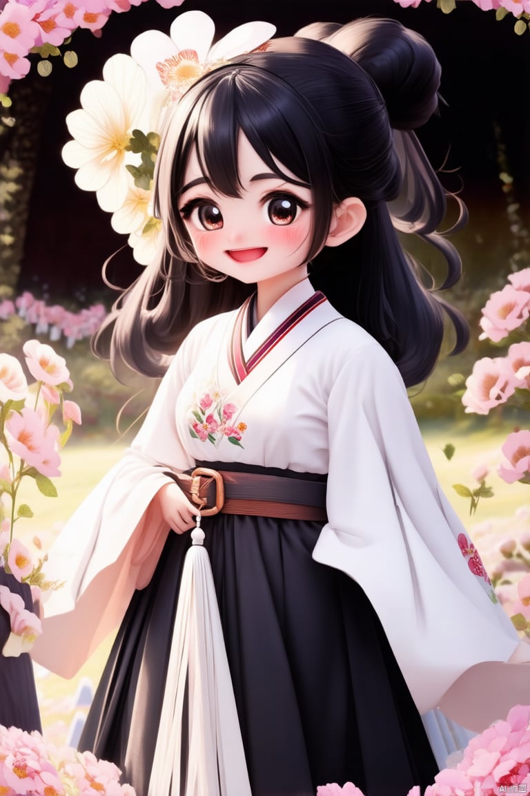 
1 girl, Solo, long hair, look at the audience, blush, smile, Bangs, black hair, hair accessories, black eyes, long sleeves, shut up, stand, flowers, side hair, outdoor, Hanfu, hair flowers, wide sleeves, pink eyes, bun, belt, double bun, Chinese dress, print, white flower, Tassel
