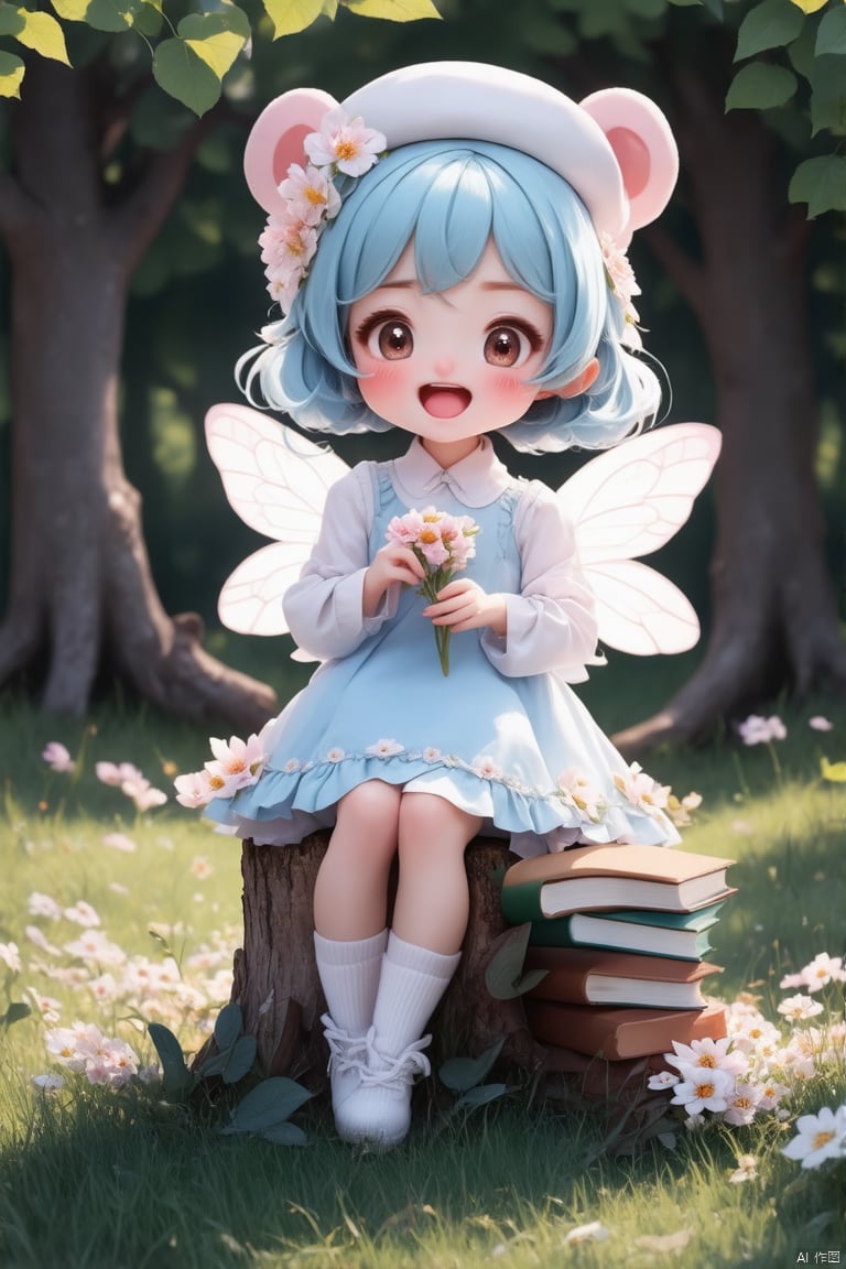 1girl, solo, looking at viewer, blush, smile, short hair, open mouth, bangs, hair ornament, long sleeves, hat, dress, holding, animal ears, brown eyes, sitting, blue hair, full body, flower, :d, outdoors, wings, shoes, socks, hair flower, white dress, blurry, book, depth of field, blurry background, blue dress, beret, white headwear, watermark, brown footwear, grass, bug, white flower, white socks, butterfly, fairy wings, holding flower, fairy, bear ears, book stack, tree stump
