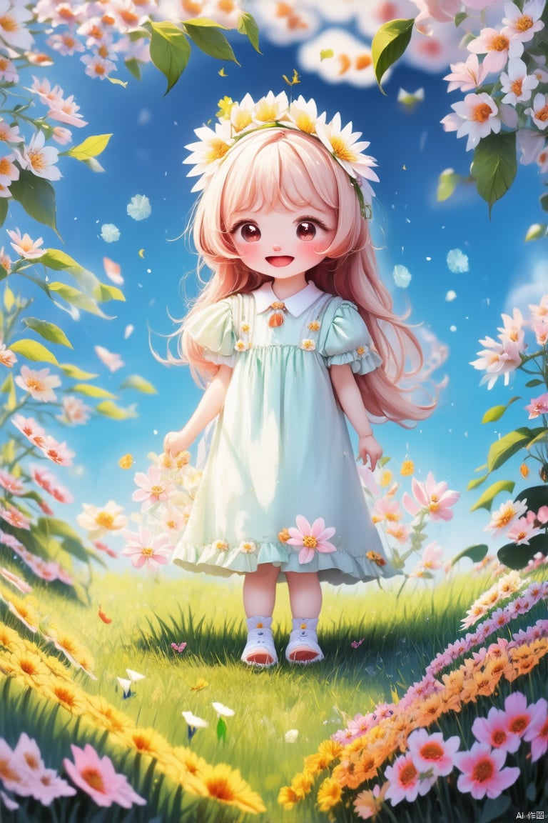 1 girl,Master piece, high quality, cute, happy, flowers, grass, fantasy, Wonderland,