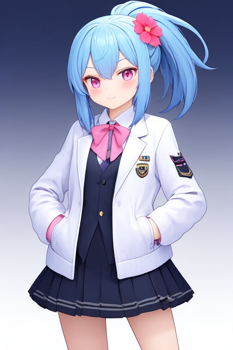 最佳质量,杰作,高质量,1(best quality), ((masterpiece)), (highres),standing,original, extremely detailed wallpaper, (an extremely delicate and beautiful),pink eyes,,(loli),(petite),blue hair,(white Jacket),high ponytail,white collared shirt,hair flower,fipped hair,floating hair,Frown,hands in pockets,black dress,red bowtie,(solo)