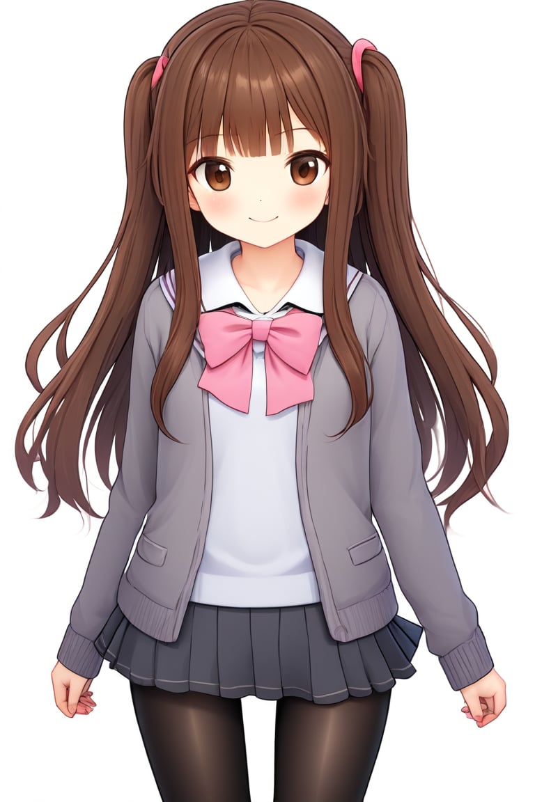 最佳质量,杰作,高质量,1girl, bangs, black_legwear, blush, bow, brown_eyes, brown_hair, cardigan, closed_mouth, collarbone, grey_sailor_collar, kunikida_hanamaru, long_hair, long_sleeves, looking_at_viewer, pantyhose, pleated_skirt, sailor_collar, school_uniform, serafuku, simple_background, skirt, smile, solo, v, white_background, yellow_cardigan