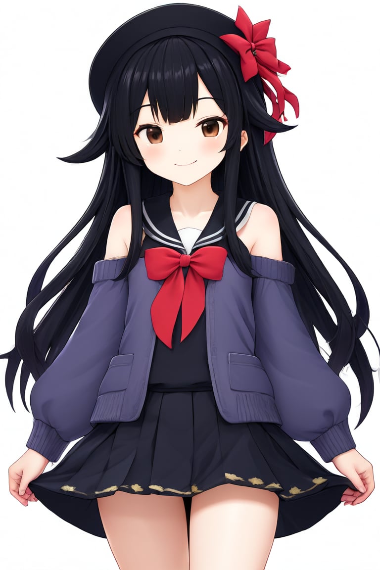 最佳质量,杰作,高质量,1girl, solo, mayuzumi_fuyuko, skirt, white_background, long_hair, looking_at_viewer, black_skirt, black_hair, simple_background, blush, shoulder_cutout, smile, hat, black_headwear, bangs, clothing_cutout, long_sleeves, hair_over_shoulder, blunt_bangs, sweater, alternate_hairstyle, beret, bag, brown_eyes, handbag, nail_polish, parted_lips, sleeves_past_wrists