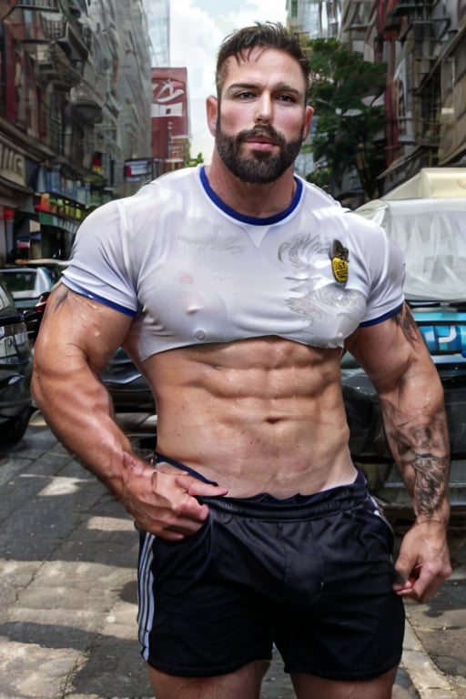 35-year-old muscular, man in police officer leather police uniform, shorts and short sleeve shirt, standing to the side, hands relaxed, Conceiled large bulge in his groin, mouth open slightly, a look of strong confidence on his face. professional, glistening in thick oil. outdoor on crowded city street, photography, posing with style, ,bulge,Stylish,huge cock,Man,Portrait,anime,hugest man ever,Police,Movie Still