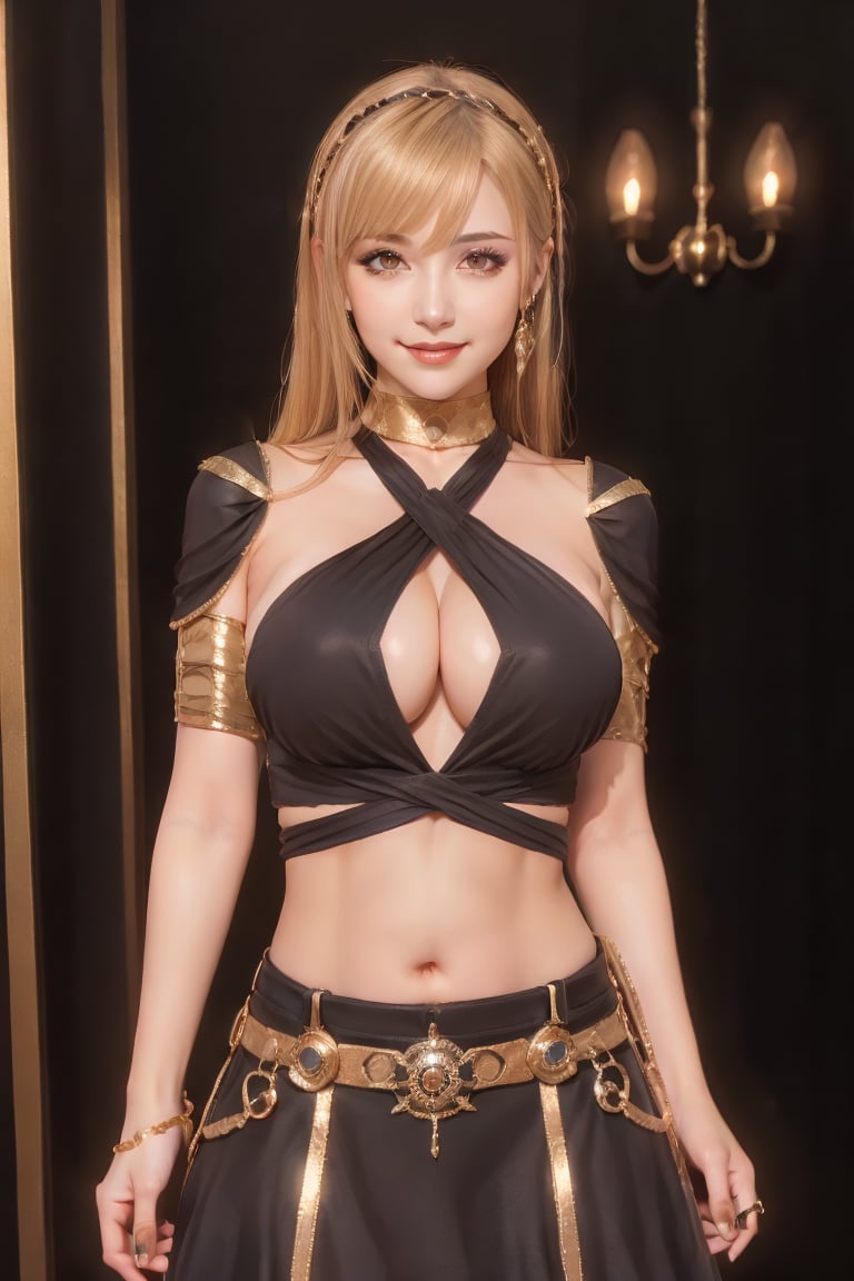 masterpiece, best quality,
1girl, solo, 
long hair, skirt, large breasts, blonde hair, (navel), jewelry, standing, cowboy shot, black dress, halterneck, arms behind back, armlet, arm behind back, indoor, japanese, upper body, beautiful face,
beautiful fingers, beautiful hands
bangs, looking at viewer, smile, beautiful detailed eyes, sparkling eyes, cleavage, 32k, photorealistic, ultra-detailed, finely detailed, detailed skin texture, 
beautiful hands, high resolution, perfect dynamic composition, sharp-focus,FFIXBG