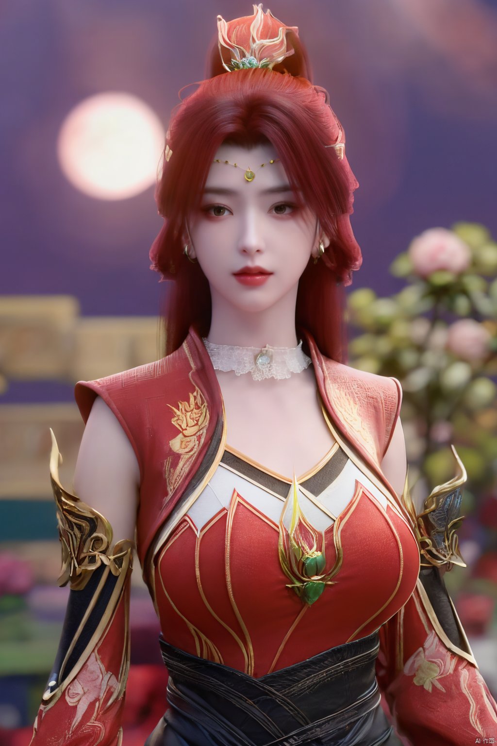  (best quality,masterpiece),Yunxiao_Fairy,1girl,solo,long hair,looking at viewer,jewelry,closed mouth,purple eyes,upper body,purple hair,earrings,blurry,blurry background,sunlight,red lips,(big breasts:1.59),(Peony,full moon:1.39),Xtanghuoer