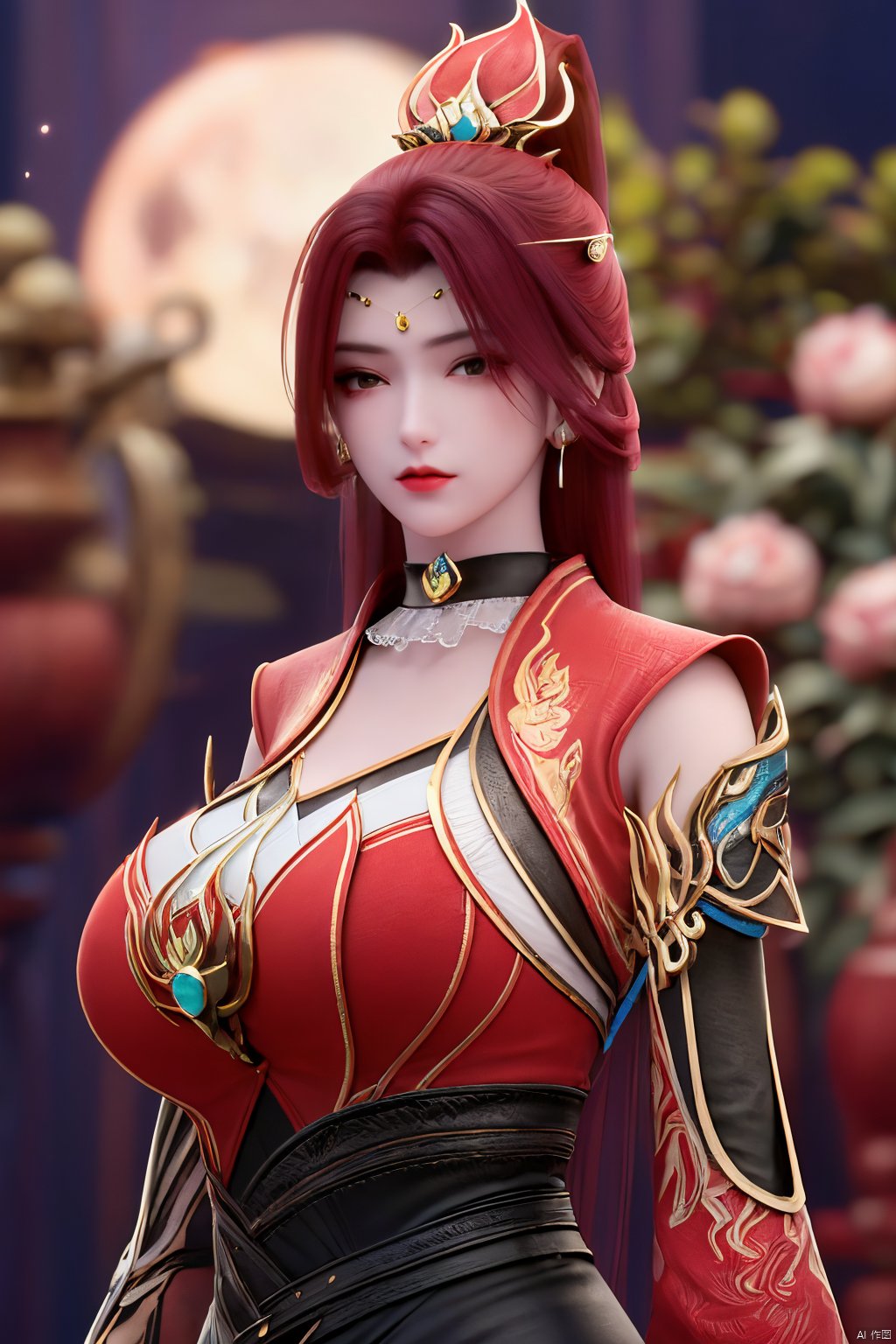  (best quality,masterpiece),Yunxiao_Fairy,1girl,solo,long hair,looking at viewer,jewelry,closed mouth,purple eyes,upper body,purple hair,earrings,blurry,blurry background,sunlight,red lips,(big breasts:1.59),(Peony,full moon:1.39),Xtanghuoer