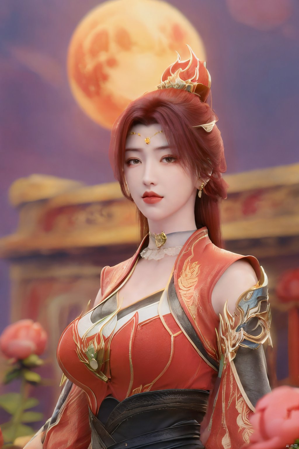  (best quality,masterpiece),Yunxiao_Fairy,1girl,solo,long hair,looking at viewer,jewelry,closed mouth,purple eyes,upper body,purple hair,earrings,blurry,blurry background,sunlight,red lips,(big breasts:1.59),(Peony,full moon:1.39),Xtanghuoer