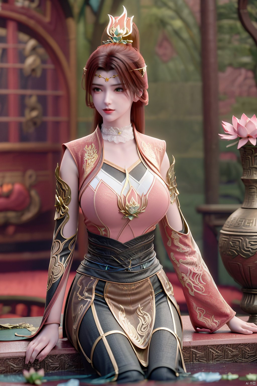  (1girl:1.1), (Lace pink-green skirt:1.39), on Stomach,aqua_earrings,Lights, lanterns, chang,(big breasts:1.56),hanfu, Best quality, Realistic, photorealistic, masterpiece, extremely detailed CG unity 8k wallpaper, best illumination, best shadow, huge filesize ,(huge breasts:1.59) incredibly absurdres, absurdres, looking at viewer, transparent, smog, gauze, vase, petals, room, ancient Chinese style, detailed background, wide shot background,
(((black hair))),(Sitting on the lotus pond porch:1.49) ,(A pond full of pink lotus flowers:1.5),close up of 1girl,Hairpins,hair ornament,hair wings,slim,narrow waist,perfect eyes,beautiful perfect face,pleasant smile,perfect female figure,detailed skin,charming,alluring,seductive,erotic,enchanting,delicate pattern,detailed complex and rich exquisite clothing detail,delicate intricate fabrics,
Morning Serenade In the gentle morning glow, (a woman in a pink lotus-patterned Hanfu stands in an indoor courtyard:1.36),(Chinese traditional dragon and phoenix embroidered Hanfu:1.3), admiring the tranquil garden scenery. The lotus-patterned Hanfu, embellished with silver-thread embroidery, is softly illuminated by the morning light. The light mint green Hanfu imparts a sense of calm and freshness, adorned with delicate lotus patterns, with a blurred background to enhance the peaceful atmosphere, song_hanfu, tang_hanfu,Xtianhuxiaobai,Xtanghuoer