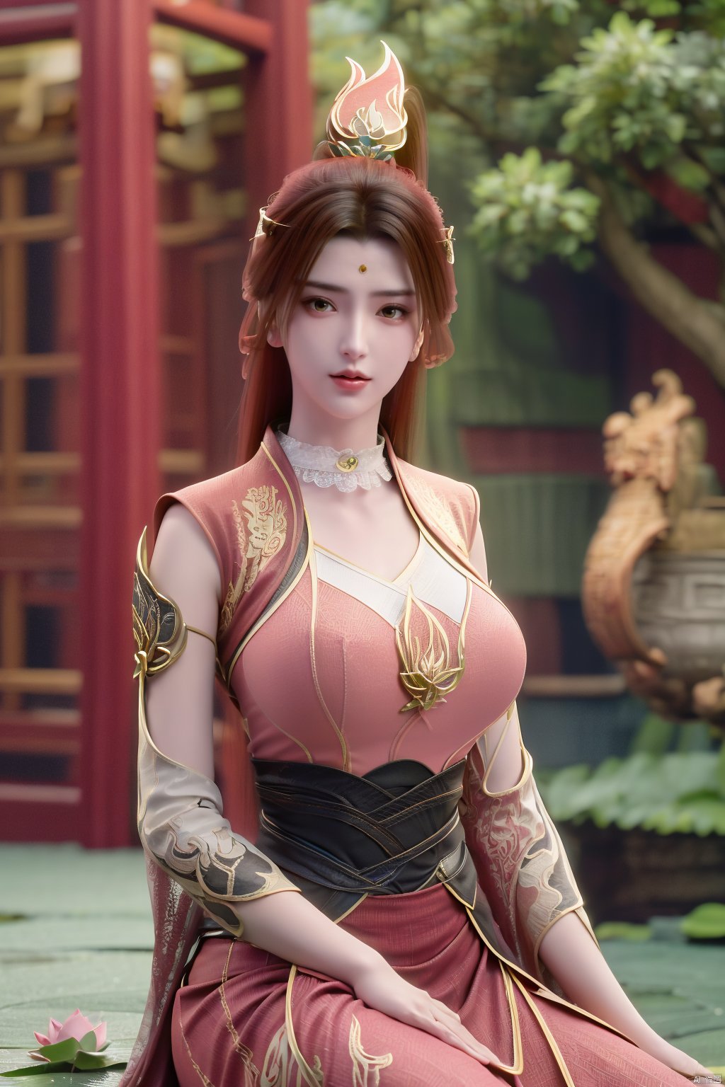  (1girl:1.1), (Lace pink-green skirt:1.39), on Stomach,aqua_earrings,Lights, lanterns, chang,(big breasts:1.56),hanfu, Best quality, Realistic, photorealistic, masterpiece, extremely detailed CG unity 8k wallpaper, best illumination, best shadow, huge filesize ,(huge breasts:1.59) incredibly absurdres, absurdres, looking at viewer, transparent, smog, gauze, vase, petals, room, ancient Chinese style, detailed background, wide shot background,
(((black hair))),(Sitting on the lotus pond porch:1.49) ,(A pond full of pink lotus flowers:1.5),close up of 1girl,Hairpins,hair ornament,hair wings,slim,narrow waist,perfect eyes,beautiful perfect face,pleasant smile,perfect female figure,detailed skin,charming,alluring,seductive,erotic,enchanting,delicate pattern,detailed complex and rich exquisite clothing detail,delicate intricate fabrics,
Morning Serenade In the gentle morning glow, (a woman in a pink lotus-patterned Hanfu stands in an indoor courtyard:1.36),(Chinese traditional dragon and phoenix embroidered Hanfu:1.3), admiring the tranquil garden scenery. The lotus-patterned Hanfu, embellished with silver-thread embroidery, is softly illuminated by the morning light. The light mint green Hanfu imparts a sense of calm and freshness, adorned with delicate lotus patterns, with a blurred background to enhance the peaceful atmosphere, song_hanfu, tang_hanfu,Xtianhuxiaobai,Xtanghuoer