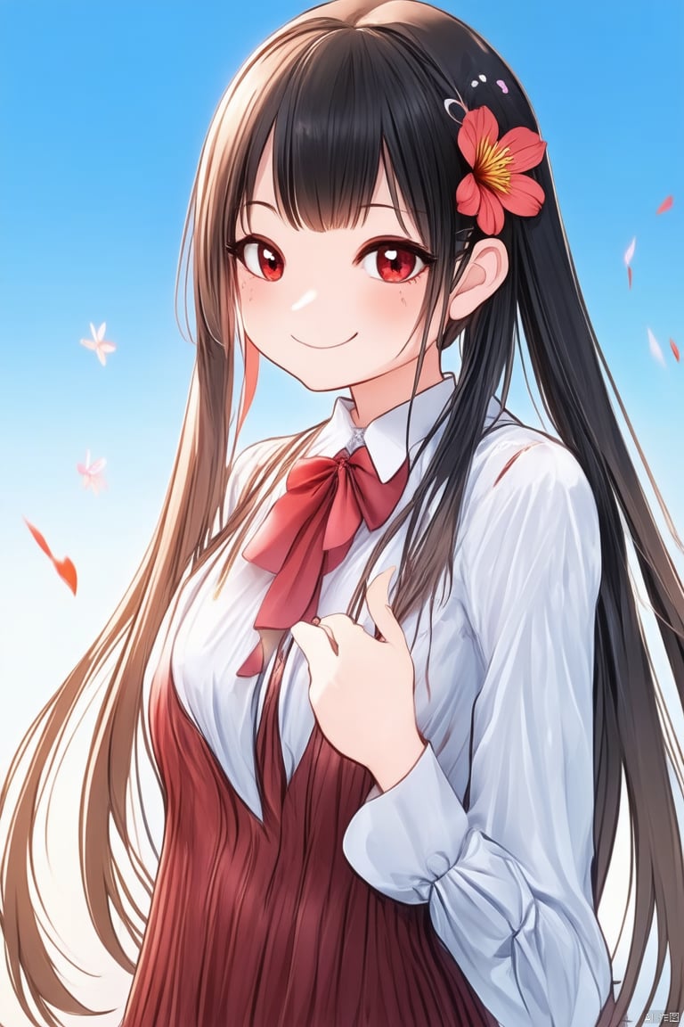 1girl, solo, long hair, looking at viewer, blush, smile, bangs, brown hair, black hair, hair ornament, red eyes, long sleeves, closed mouth, standing, flower, sidelocks,