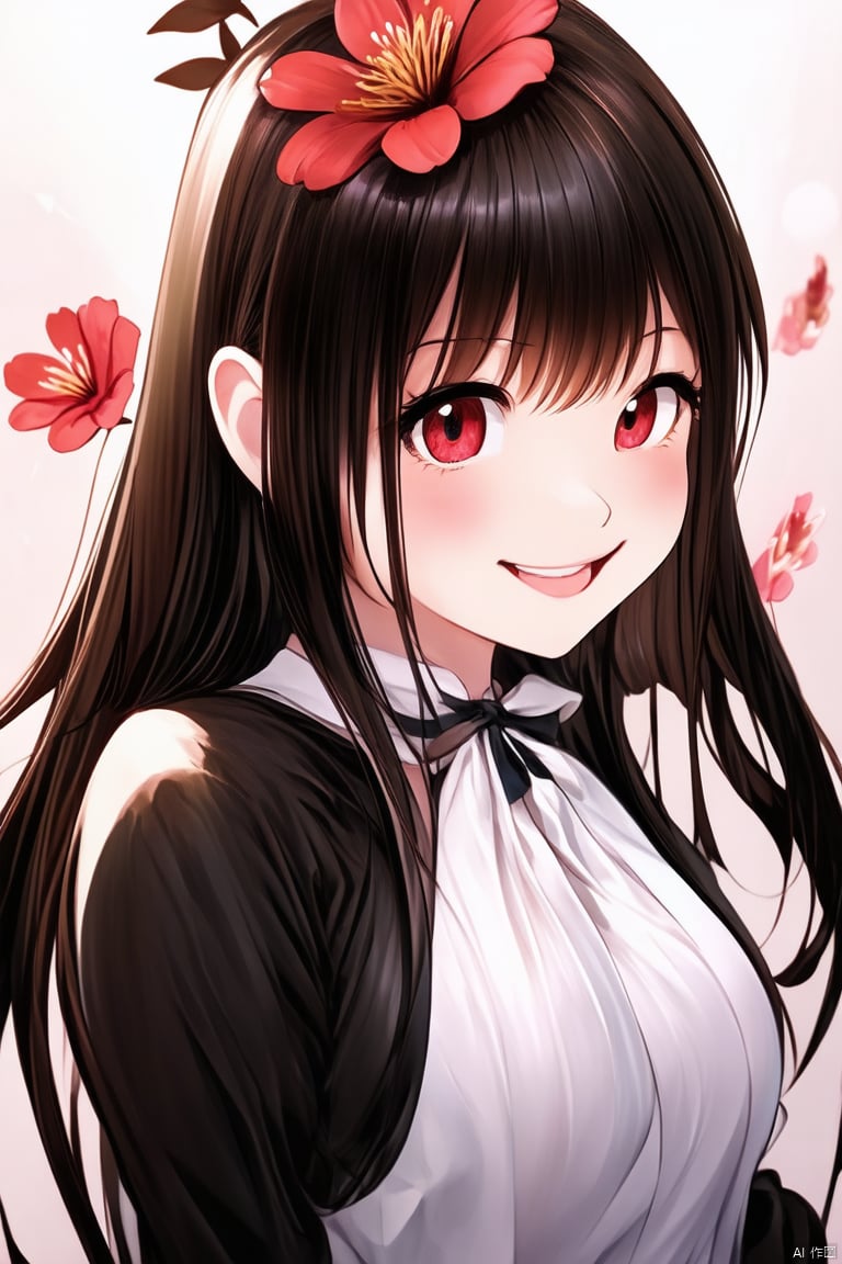 1girl, solo, long hair, looking at viewer, blush, smile, bangs, brown hair, black hair, hair ornament, red eyes, long sleeves, closed mouth, standing, flower, sidelocks,