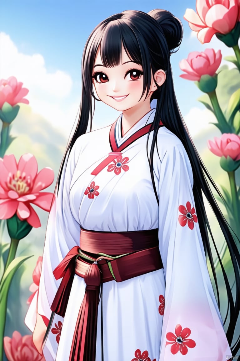 1 girl, Solo, long hair, look at the audience, blush, smile, Bangs, black hair, hair accessories, black eyes, long sleeves, shut up, stand, flowers, side hair, outdoor, Hanfu, hair flowers, wide sleeves, pink eyes, bun, belt, double bun, Chinese dress, print, white flower, Tassel
