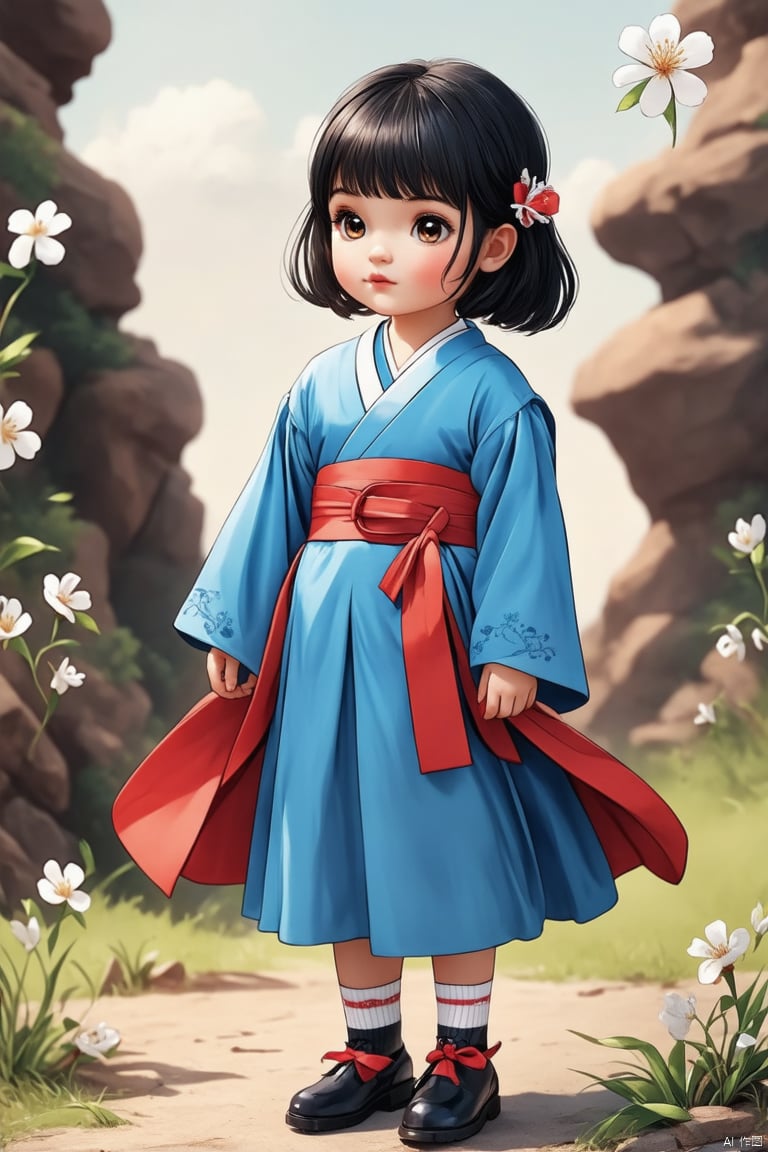 
A little girl, Solo, audience, short hair, bangs, skirt, simple background, black hair, hair ornaments, black eyes, long sleeves, holding, standing, full body, flowers, hanbok, shoes, socks, hair flowers, wide sleeves, Hanfu, steamed stuffed bun, Red Cliff, black shoes, belt, old down, white flowers, white socks, little girl
