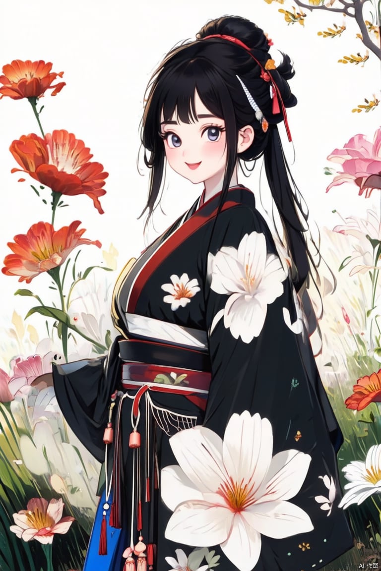 
1 girl, Solo, long hair, look at the audience, blush, smile, Bangs, black hair, hair accessories, black eyes, long sleeves, shut up, stand, flowers, side hair, outdoor, Hanfu, hair flowers, wide sleeves, pink eyes, bun, belt, double bun, Chinese dress, print, white flower, Tassel
