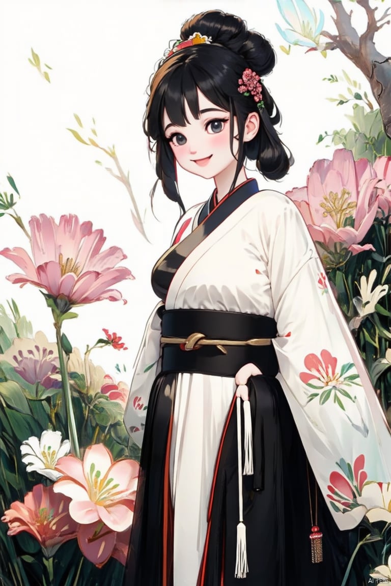 
1 girl, Solo, long hair, look at the audience, blush, smile, Bangs, black hair, hair accessories, black eyes, long sleeves, shut up, stand, flowers, side hair, outdoor, Hanfu, hair flowers, wide sleeves, pink eyes, bun, belt, double bun, Chinese dress, print, white flower, Tassel
