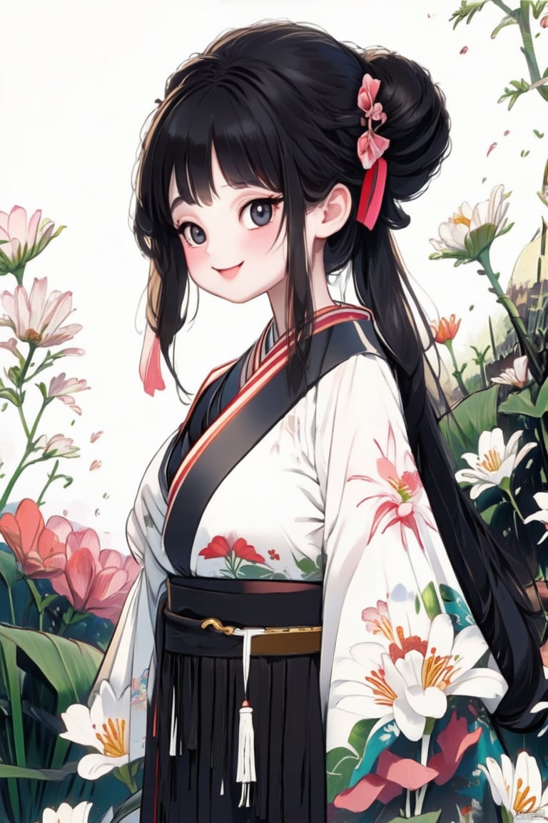 
1 girl, Solo, long hair, look at the audience, blush, smile, Bangs, black hair, hair accessories, black eyes, long sleeves, shut up, stand, flowers, side hair, outdoor, Hanfu, hair flowers, wide sleeves, pink eyes, bun, belt, double bun, Chinese dress, print, white flower, Tassel
